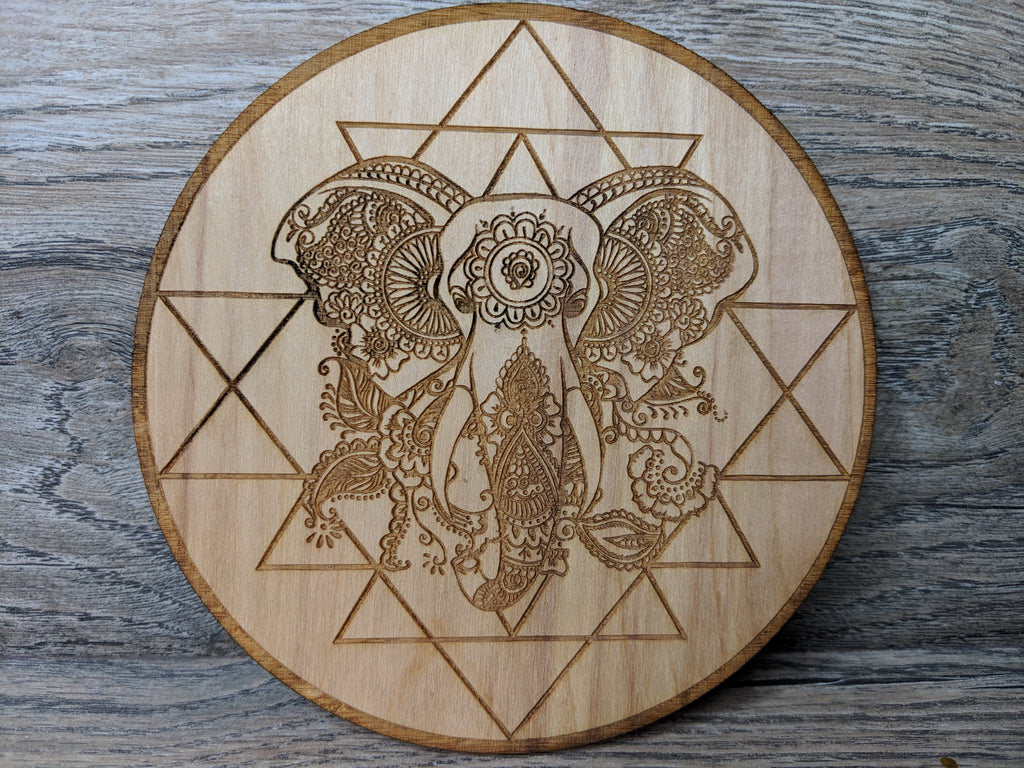 Sri Yantra Elephant Birch Wood Crystal Grid