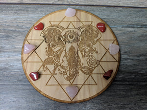 Sri Yantra Elephant Birch Wood Crystal Grid